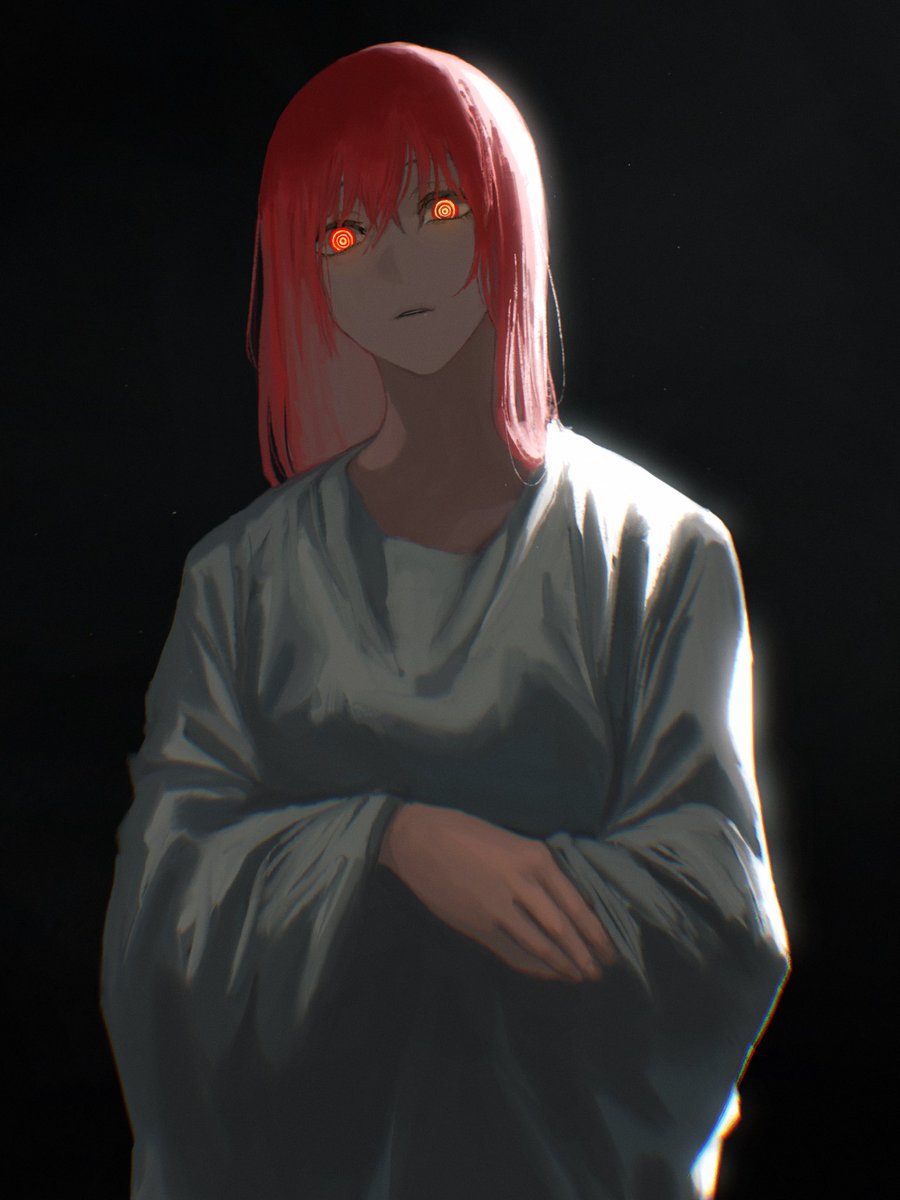 makima (chainsaw man) 1girl solo red hair looking at viewer glowing eyes glowing black background  illustration images