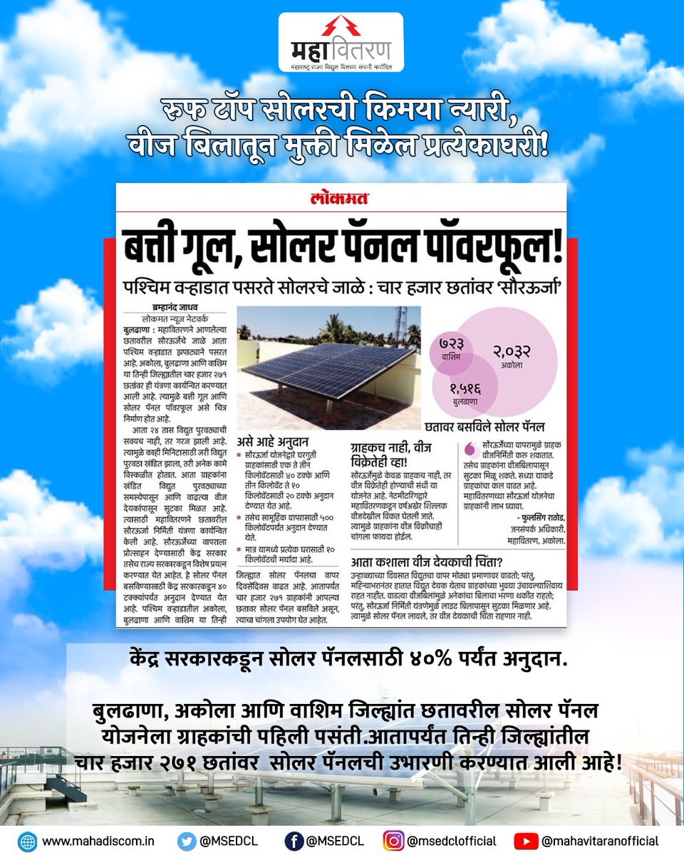 MSEDCL's tweet photo. सोलर पॅनला ग्राहकांचा उत्तम प्रतिसाद!
#MSDECL #Solarpower #Solarpanels https://t.co/JCjIo9Plin