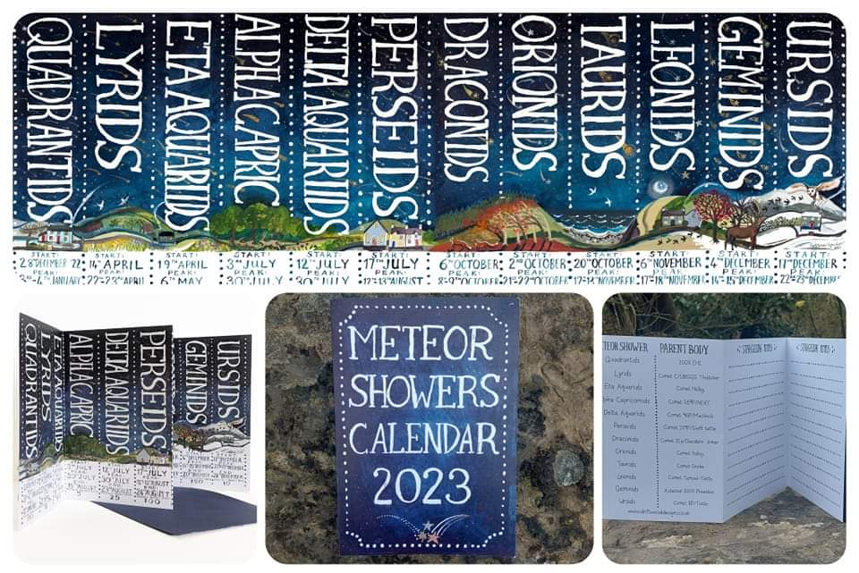 Our Stargazing Guide 2023. This new illustrated calendar shows the dates of the main Meteor Showers for the coming months with details of the best days to spot a shooting star. Illustrated with a landscape running beneath a year of starry skies. #meteorshower #asteroid #art