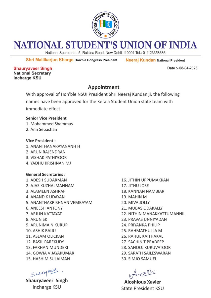 NSUI_Sandesh's tweet photo. NSUI National President, Shri @Neerajkundan has approved the proposal of appointments for the KSU state and district committees. Congratulations &amp; best wishes to all.
@nsui https://t.co/buIP6sLhSQ