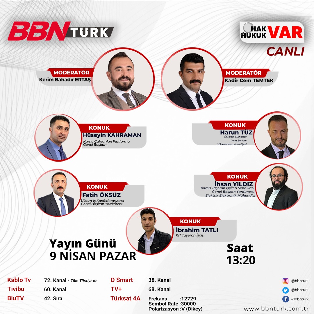 9 Nisan Pazar günü Saat 13.20'de @bbnturktv Hak Var Hukuk Var Programında @bahadirertass <a href="/cmtmtk/">Av.Kadir Cem TEMTEK</a> konuğuyum.
Canlı yayın esnasında sorularınızı 
@ arb.av.kerimbahadirertas İnstagram hesabından iletebilirsiniz.
#Taşeron #Kadro #BelediyeŞirketİşçileri #Kit #Typ #AsmGrupElemanı