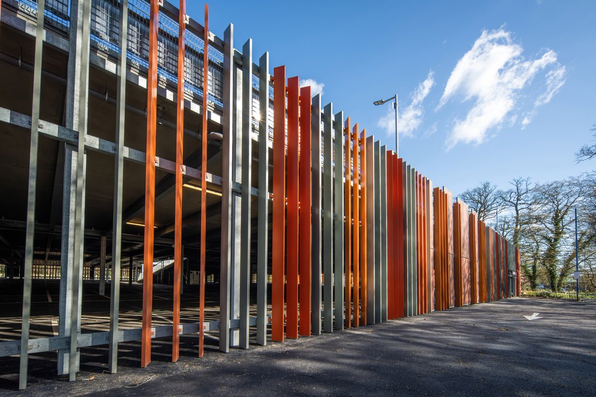 Contrasol_UK's tweet photo. The Contrasol team have just completed another Car Park project.
The design concept uses our vertical fins at a consistent pitch but varying angles to maintain consistency and rhythm across the facades. 
#Brisesoleil #Carparks #facades https://t.co/0kJojOfdsE