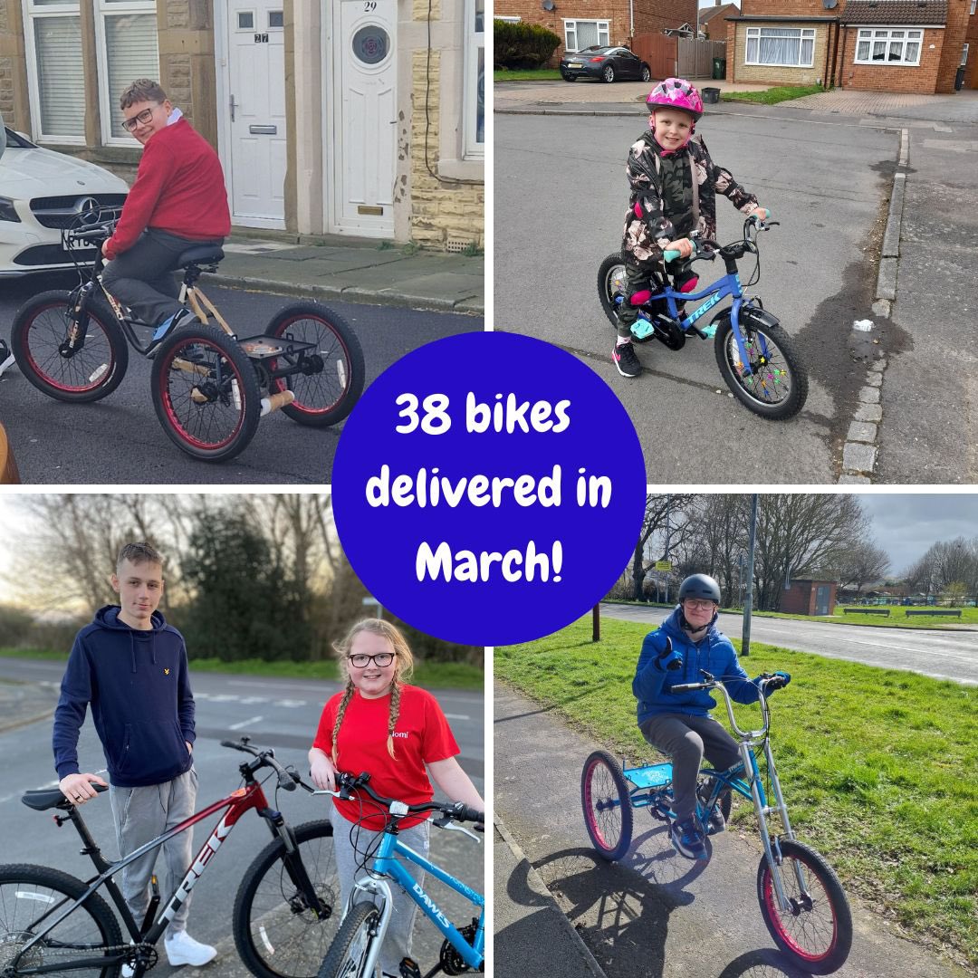 CyclistsvCancer's tweet image. We’ve had our busiest ever March and delivered 38 bikes and trikes to children living with cancer across the UK and their families! We’re aiming to deliver 500 bikes in total in 2023, so please get involved and help to make this happen 🚴🚴‍♀️cyclistsfc.org.uk/cfc-get-involv… #newbikeday