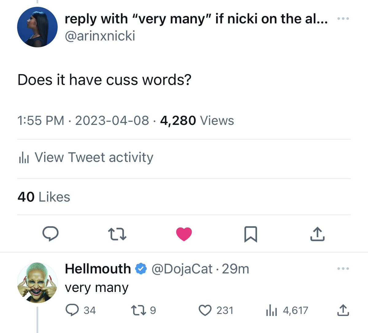 reply with “very many” if nicki on the album on Twitter "Did I really