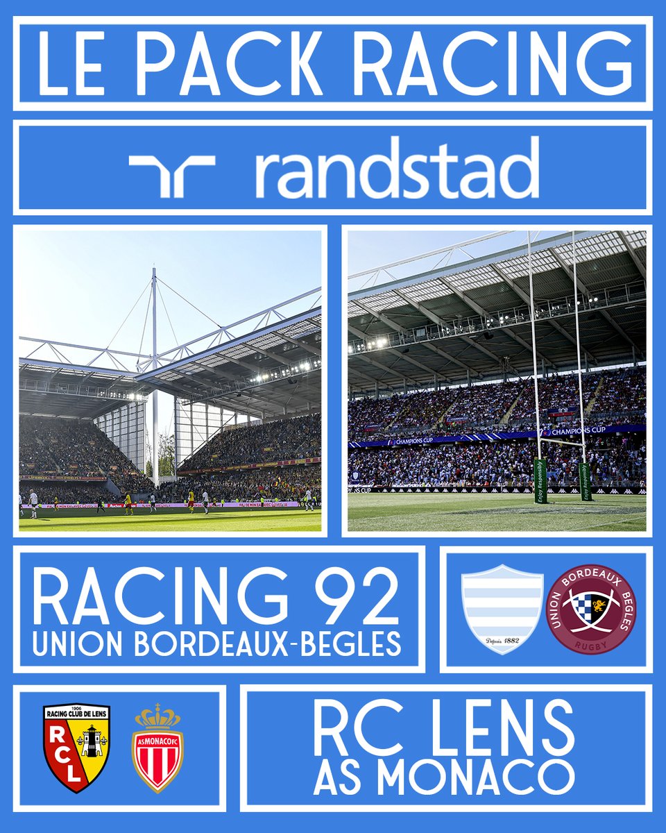 Un match de rugby sur une terre de foot, ça vous dit ? 😏

💥 Randstad et les Racing s'associent pour vous offrir un pack de rêve au stade Bollaert !

A gagner :
2 places pour <a href="/racing92/">Racing 92</a> - Bordeaux Bègles le 15 avril
2 places pour <a href="/RCLens/">Racing Club de Lens</a> - AS Monaco le 22 avril
