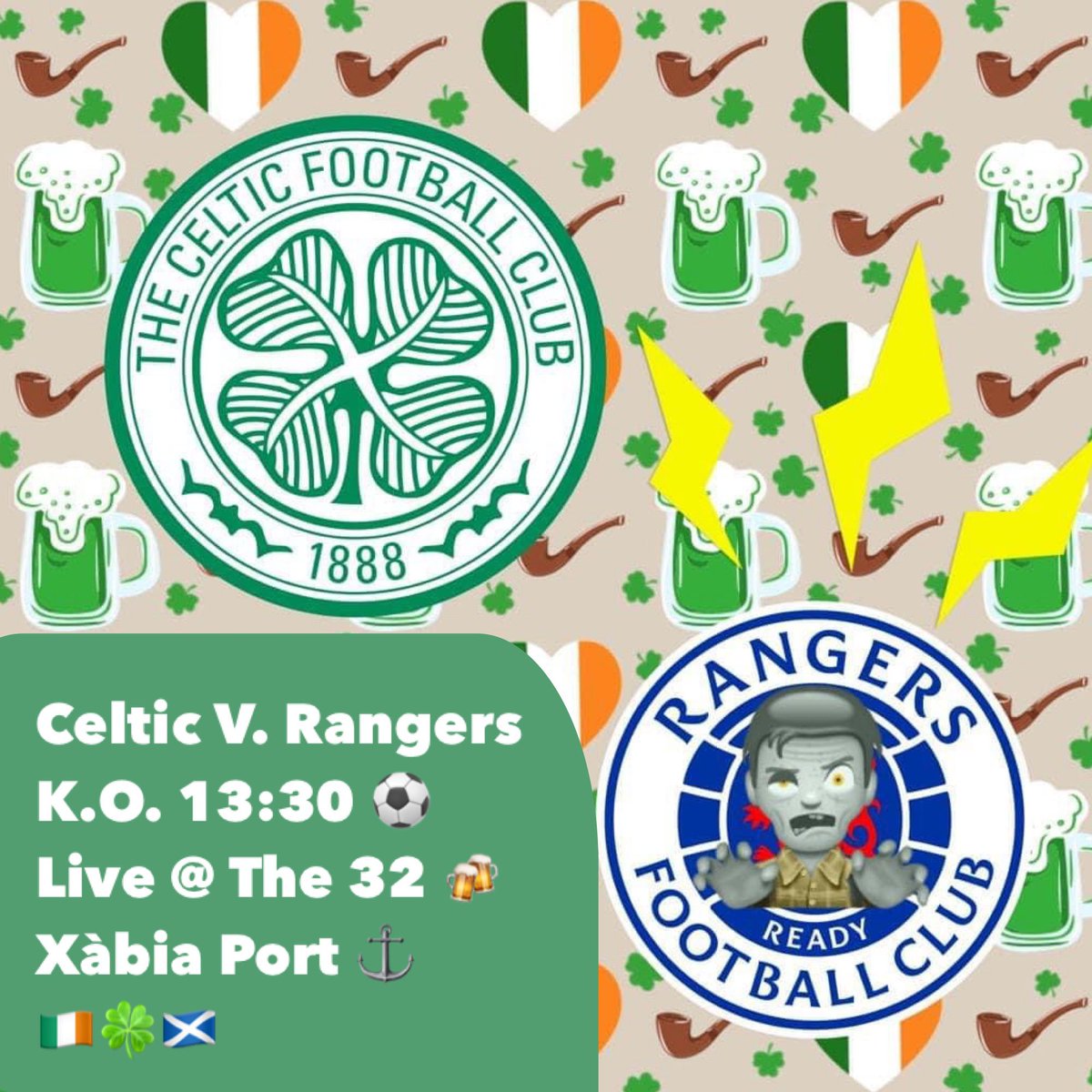 🍀Celtic v Rangers today! Live @ The 32 Bar 🍻 in Xàbia Port ⚓ All welcome! 🇮🇪🍀🏴󠁧󠁢󠁳󠁣󠁴󠁿