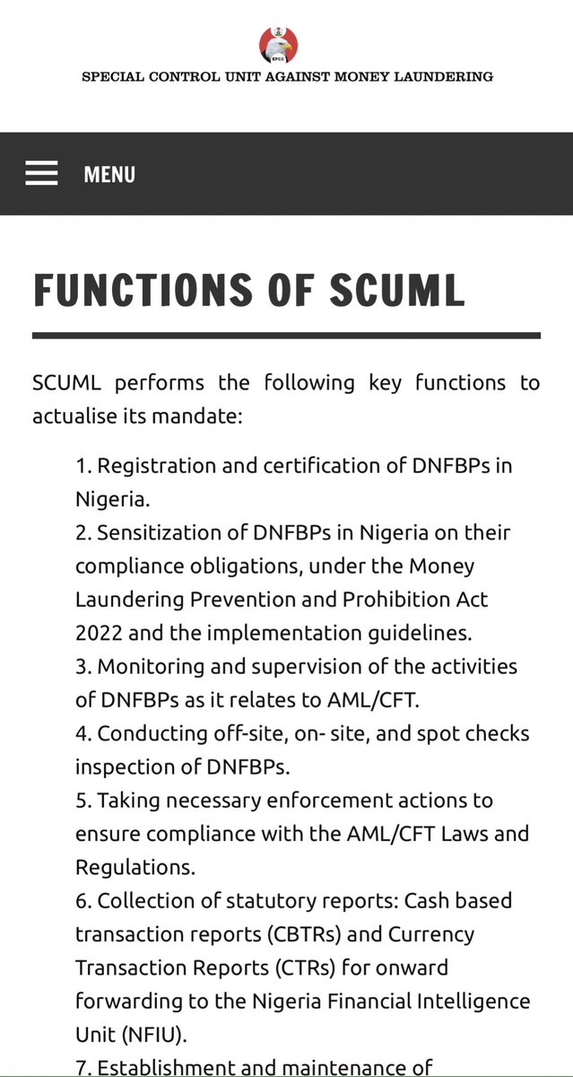 DejiAdesogan's tweet image. Did you know that #EFCC’s Special Control Unit Against Money Laundering (SCUML) has the mandate to monitor, supervise and regulate the activities Designated Non-Financial Businesses and Professions ( DNFBPs) in Nigeria. Get your #SCUML Certificate!!!
