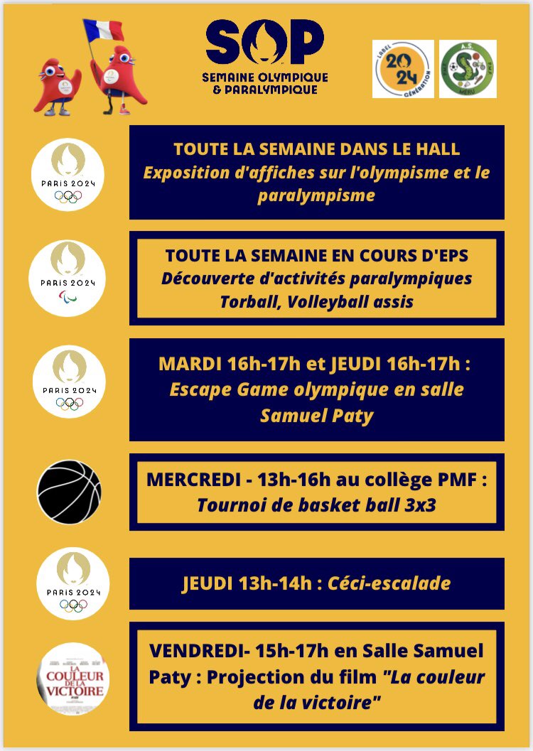 collegePmfMeru's tweet photo. [SOP2023]
Retour en image sur la semaine olympique et paralympique organisée au @collegePmfMeru 
Au programme:
✅ expo sport et histoire
✅ quizz olympique et paralympique
✅ escape game
✅ tournoi de basket 3x3 🏀 
✅ céci escalade 🧗‍♀️ 
Bravo à toutes et tous 👏💪🏆
#SOP2023 https://t.co/n8igwdh9EI