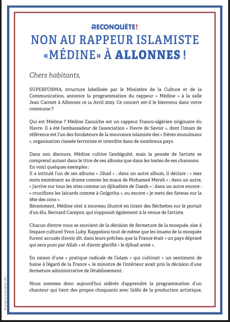 BuardSbastien1's tweet image. 💪 Nous adressons un courrier aux habitants d’@VAllonnes pour les alerter sur la venue du rappeur islamiste « Medine ».

🚨 Protégeons la jeunesse de nos quartiers !

Signez notre pétition !