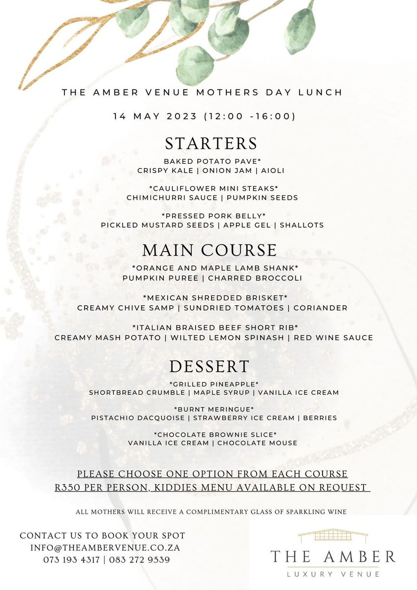 I look forward to treating my mother to this. @theambervenue is such a treat! Great food, great service, awesome location. Book your seat for your mom!! Info@theambervenue.co.za <a href="/O_FAB1_GP/">Bafo</a>