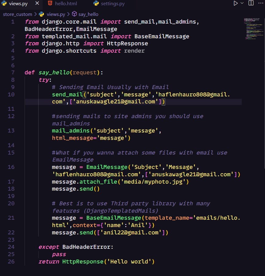 anil_code_808's tweet image. Sending Mails
Settings to Sending Mail
Using Docker to use smtp4mail
Different types of sending mails(text,templates)
using third party library django-templated-mails

#Django #django