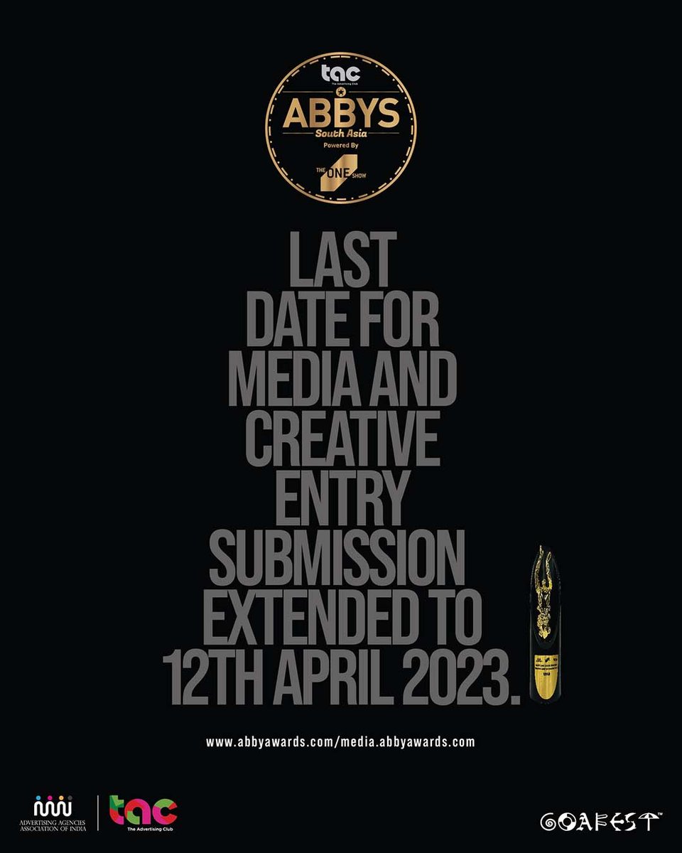 Last Date for Submission: Extended to Wednesday, 12th April 2023

Other relevant details 
For submission of entries at Abbys both Creative and Media 2023 here are the details:
The entry form can be downloaded from theadvertisingclub.net