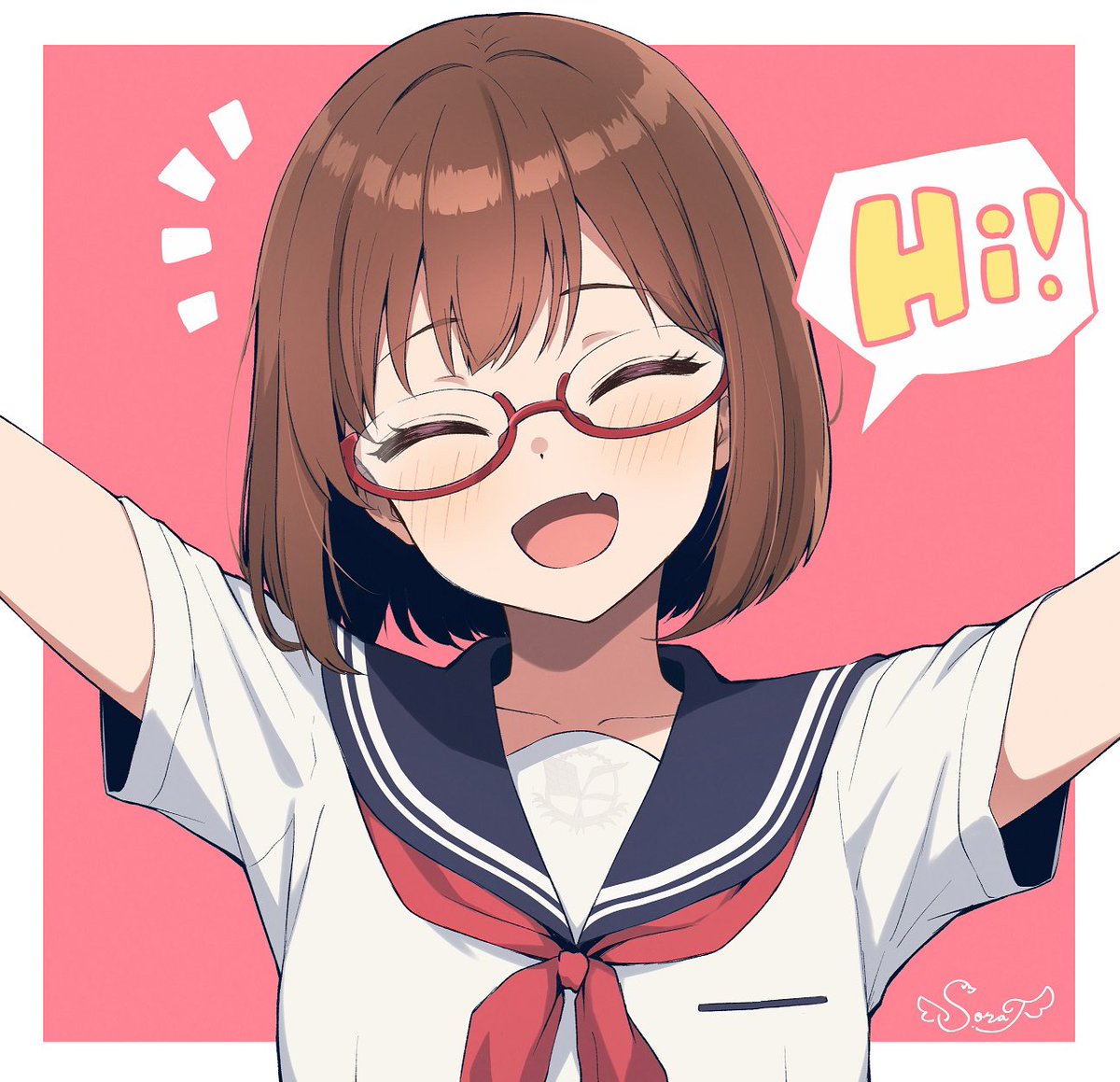 1girl solo brown hair closed eyes fang glasses school uniform  illustration images