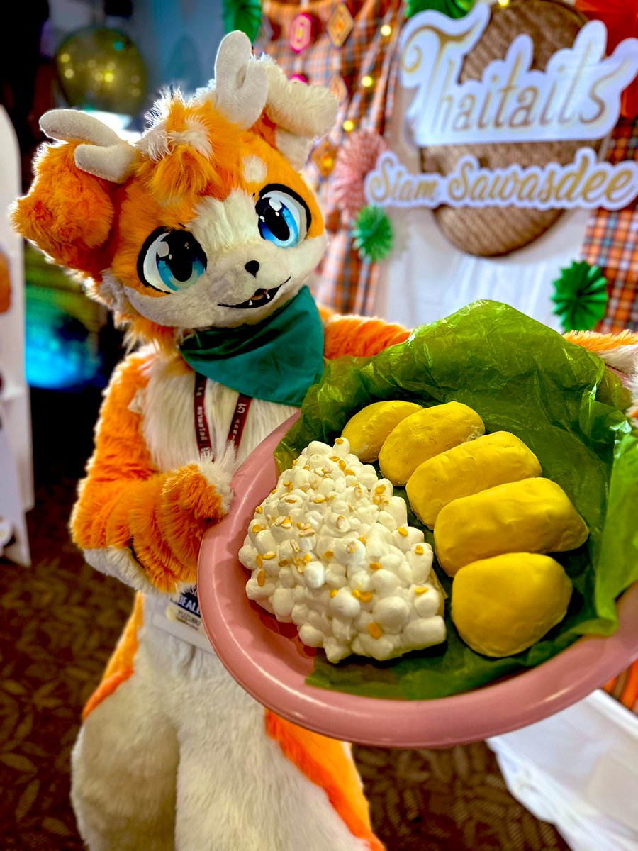 Oh what’s this Mango or Durian
Sticky rice??? 🤔

#FursuitEveryday #Thaitails2023 
#YuzuAki #Furry

📸✨: @Otsubu_Fennec