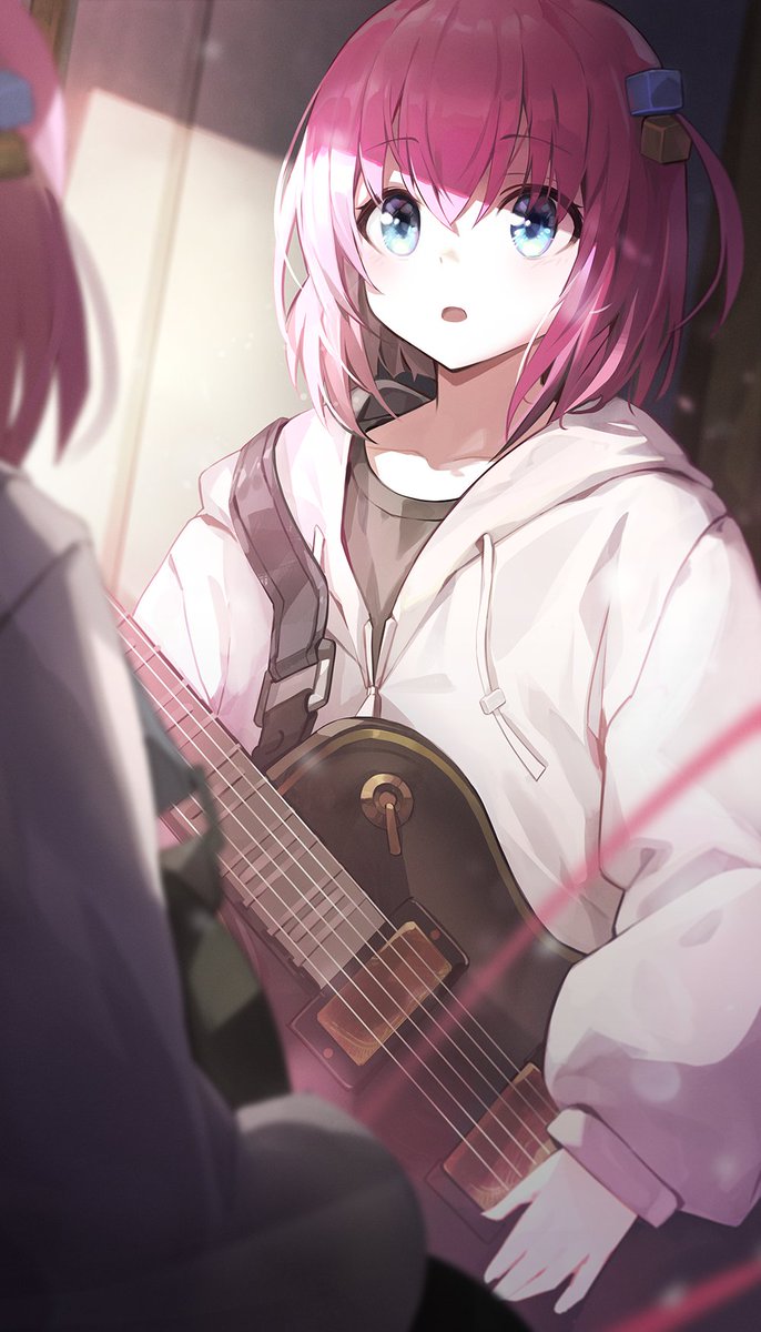 gotou hitori instrument hair ornament pink hair blue eyes guitar cube hair ornament jacket  illustration images