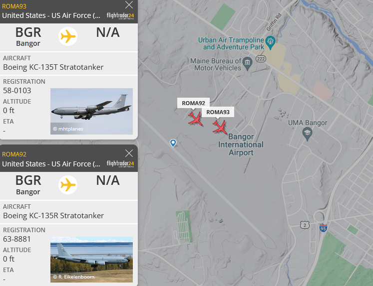 SirListenalot's tweet photo. It's promising to see #KC135 #AE0271 as #ROMA92 and #AE0592 as #ROMA93 alive at Bangor. Now wait for #KC46 #AE5FA5 as #ROMA91 to depart McGuire and #F22's #TREND41 get out of Langley https://t.co/gO5DBweik4