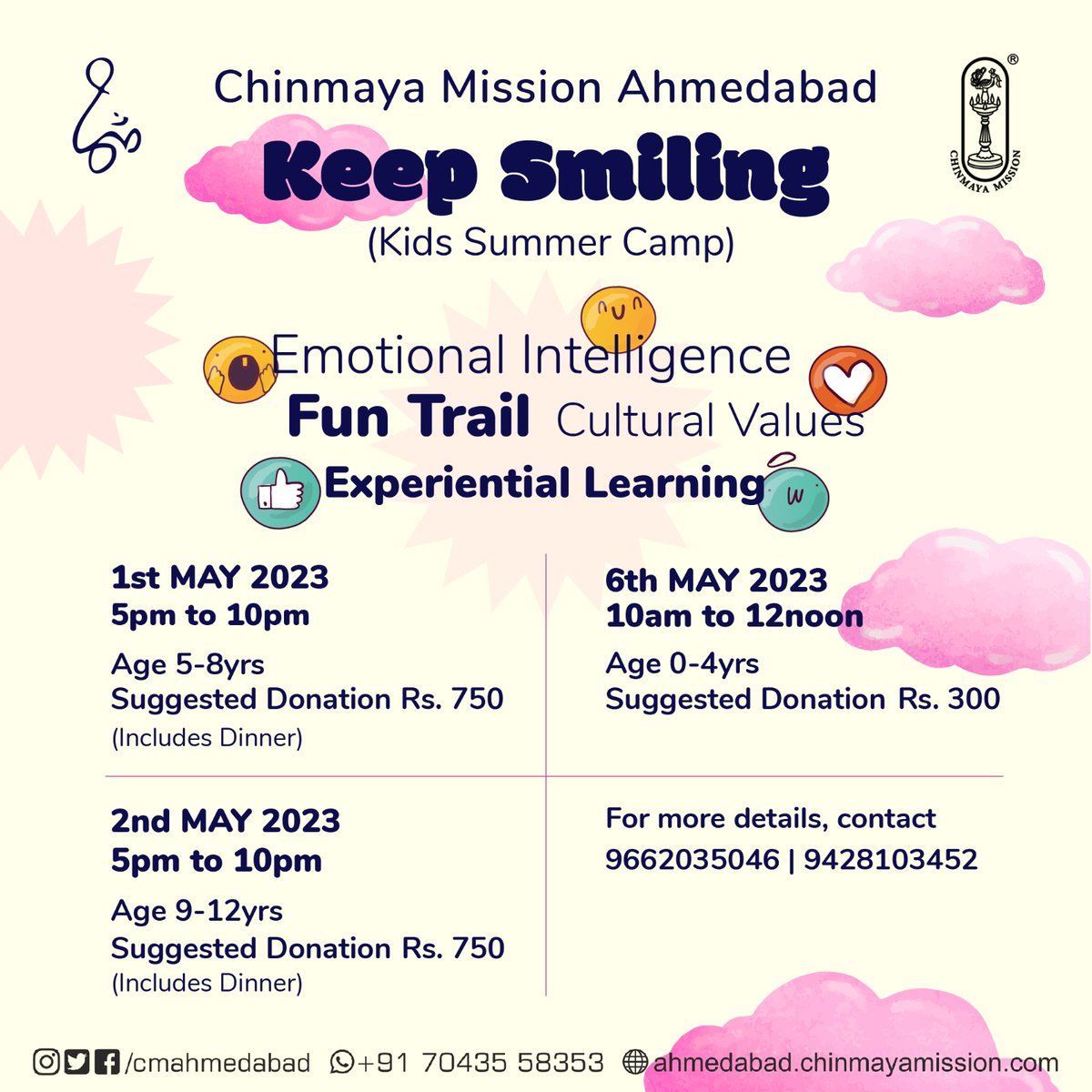 Chinmaya Utsav
Let's sing, dance and know *the secret to keep smiling always.* We'll have stories, creative art, songs and much more during the camp.
Are you in? Register online on the following link for:
Shishuvihar (1-4yrs) and  Balavihar (age 5-12 yrs)
bit.ly/keepsmiling_reg