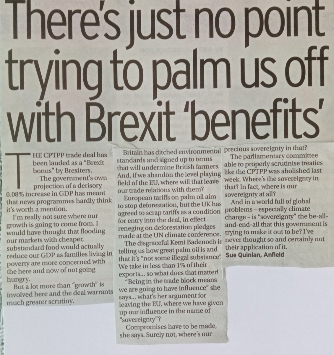 susanquinlan2's tweet photo. Today's Liverpool Echo. Written before I found out that tariffs on eggs have also been abolished. God knows what sort of conditions the poor birds are kept in. 😢😡 https://t.co/DELVXYryTN