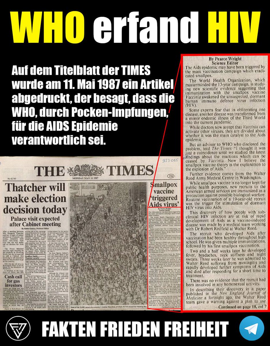 DerTypRappt's tweet photo. HAT DIE #WHO DAS #AIDSVIRUS ERFUNDEN?
Ein Artikel auf dem Titelblatt der #Times 1987 beschreibt genau das. https://t.co/saCIKGHUsE