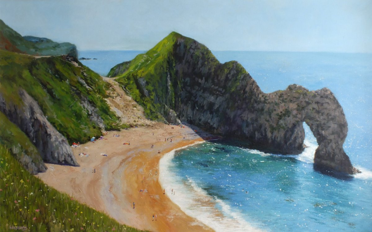 SignetArt's tweet photo. This impressionist piece by Ian Hargreaves captures Dorset's historical landmark Durdle door, twinkling with the sun's glow and bathed in warming tones. It recalls the tranquility of enjoying valuable family time at the seaside. #durdledoorbeach #seasideliving #impressionism #oil https://t.co/WXL4VQtCfn