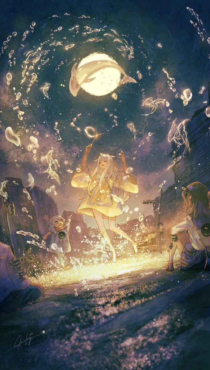 long hair multiple girls moon night sky water outdoors  illustration images