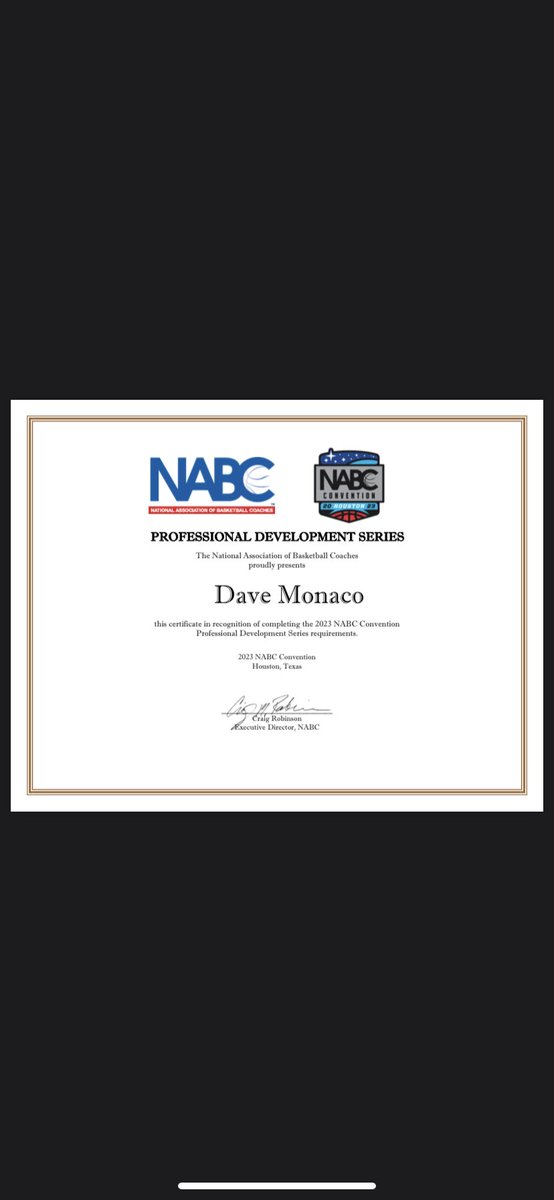 ScoutWithDave1's tweet photo. Just received my #NABC Professional Development Series certificate! What an amazing experience it was learning from some of the most brilliant basketball minds in the 🌎 .
Always room to improve, always willing to grow. 📖 🏀 💡
#development #scouting #coaching #ncaa #final4 https://t.co/c5hjDx9MBb