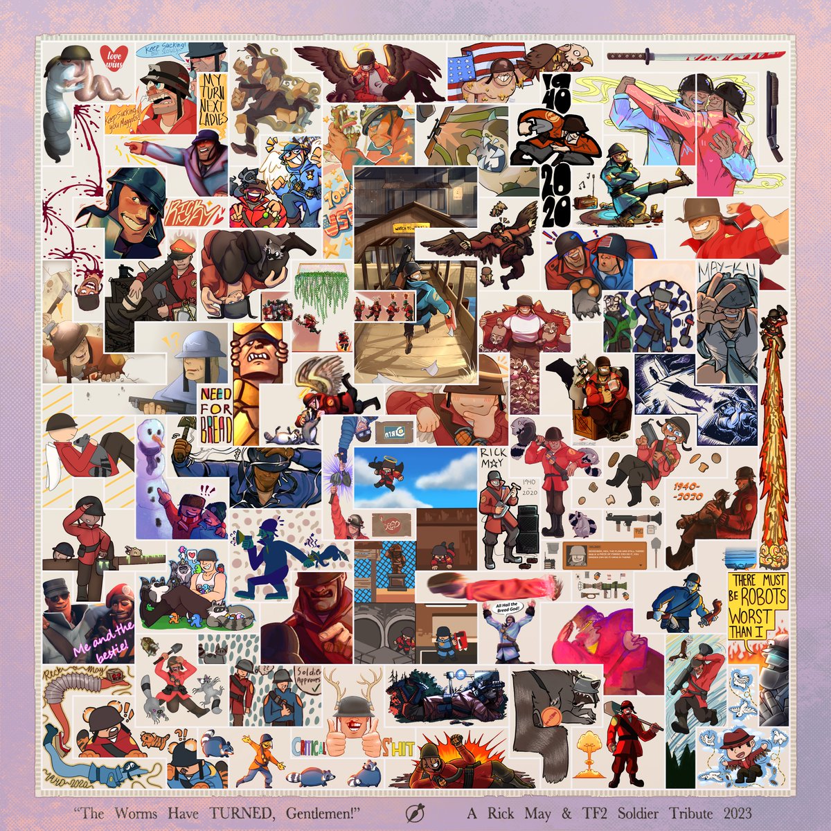 enbyfroggy's tweet photo. #TF2 #TF2soldier #rickmay

it is my pleasure to present to you guys the 2023 rick may tribute!! this soldier themed collage was made by 55 different artists in order to honor late voice actor rick may, who unfortunately passed 3 years prior

credits below <3 ⬇ https://t.co/IKaWzqgrWG