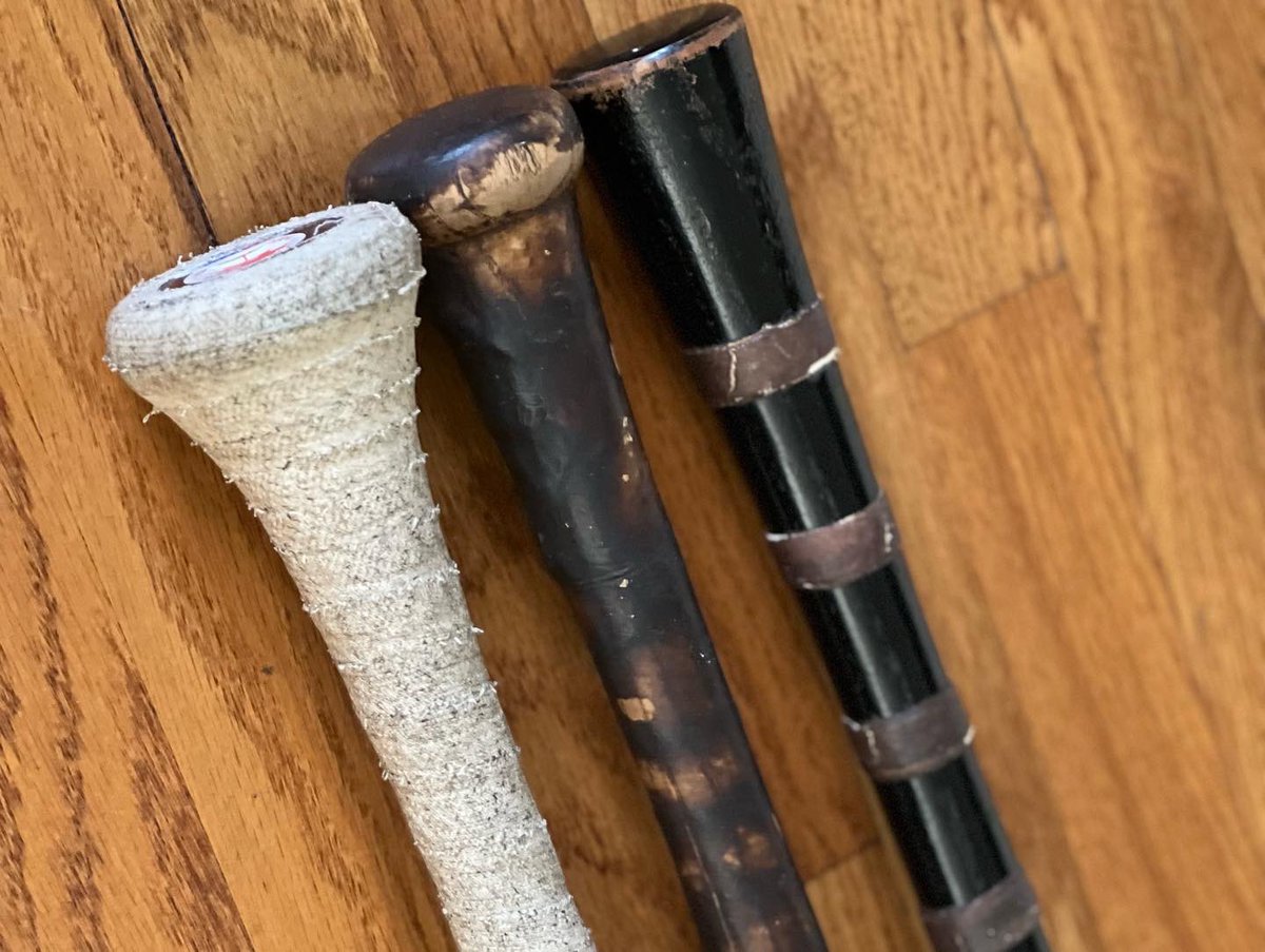 My three favorite modern era bats- Pete Rose Mizuno with tape rings &amp; sanded barrel, George Brett with heavy tar and a Bonds Sam Bat.  #peterose #georgebrett #barrybonds #gameused <a href="/BarryBonds/">Barry L Bonds</a> <a href="/KeithOlbermann/">Keith Olbermann</a> <a href="/RoFlo/">Robert Flores</a>