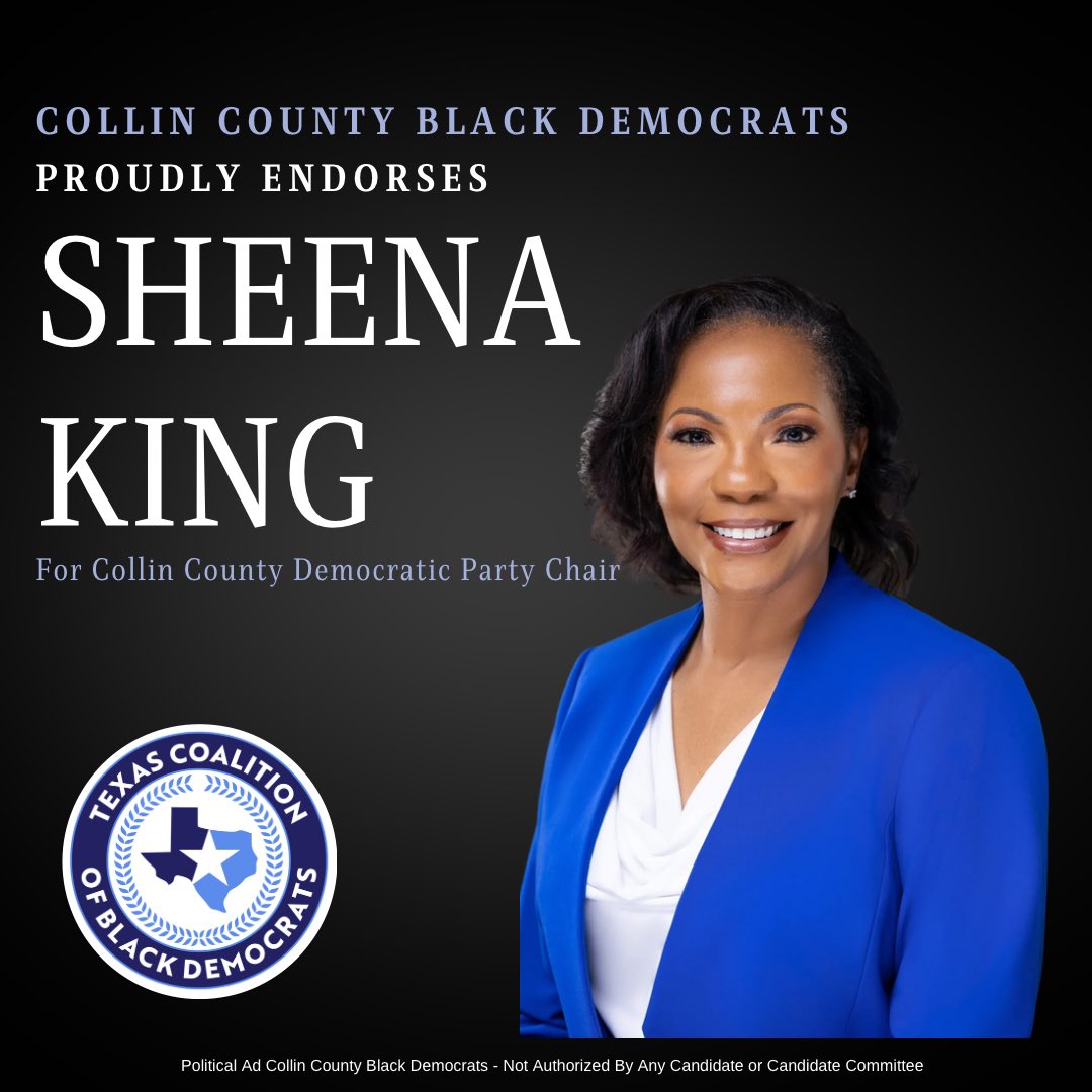 Sheena King for Texas (@skingfortexas) on Twitter photo Honored to receive this endorsement from Texas Coalition of Black Democrats of Collin County. As Chair of <a href="/CollinDemocrat/">Collin County Democrats</a>, I will stand in solidarity with your agenda focused on human rights, civil rights and civil liberties.
#SheenaKingForTexas #bethelight #CollinCounty Honored to receive this endorsement from Texas Coalition of Black Democrats of Collin County. As Chair of <a href="/CollinDemocrat/">Collin County Democrats</a>, I will stand in solidarity with your agenda focused on human rights, civil rights and civil liberties.
#SheenaKingForTexas #bethelight #CollinCounty