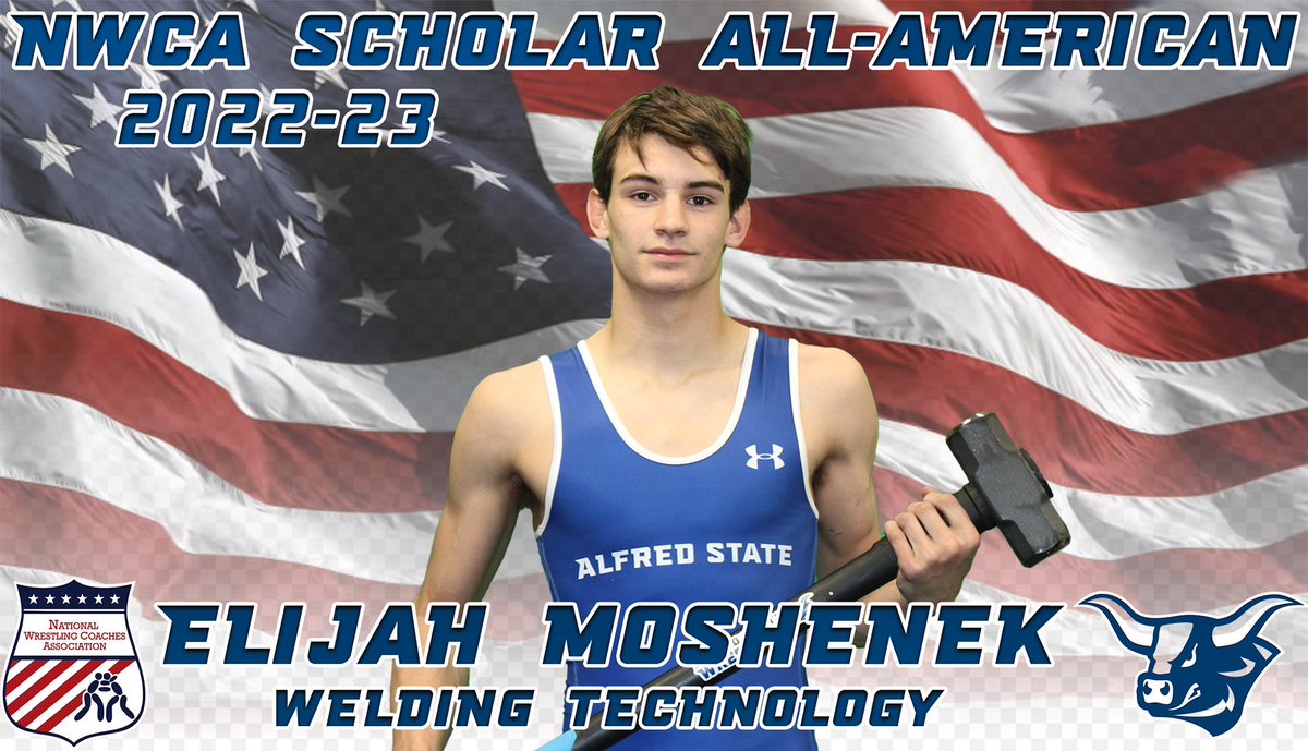 AlfredWrestling's tweet photo. Elijah Moshenek NWCA Scholar All-American! As only a Sophomore Moshenek has earned the nations top academic honor for a wrestling student-athlete and is one of six Alfred State wrestlers to earn this prestigious honor this year! Congrats Elijah! #oxgang https://t.co/Rls5VA2ksm