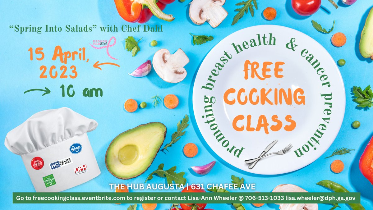 Sat, April 15, at 10AM at the Hub Augusta: Free cooking class promoting health and cancer prevention as part of Reduce Your Risk's Monthly Traveling CSRA Breast Cancer Awareness Walk. Learn how to make a delightfully refreshing spring salad! Register: freecookingclass.eventbrite.com