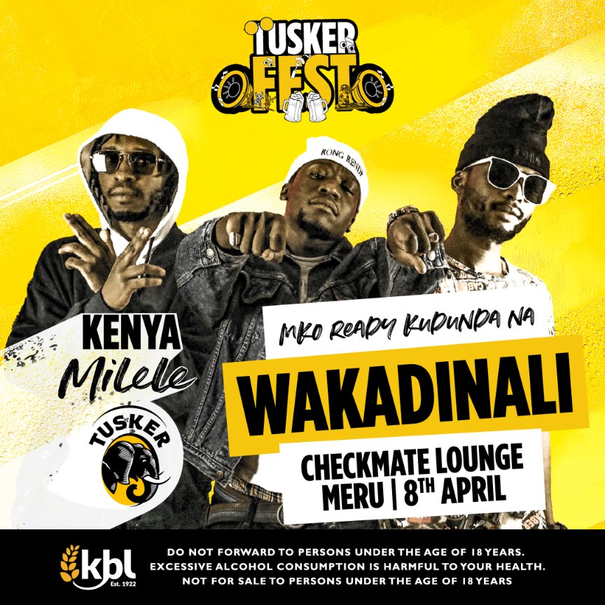 #AD Sherehe at your local joint!!
Meru is ready for you na sherehe! <a href="/TuskerLager/">Tusker Kenya</a> is bringing you #Tuskerfest where entertainment is with ur favorite artists like Wakadinali, Maandy na Runboy254. Kuja leo na squadi pale Checkmate Lounge tujibambe, tushike kanyama na tusker baridi.