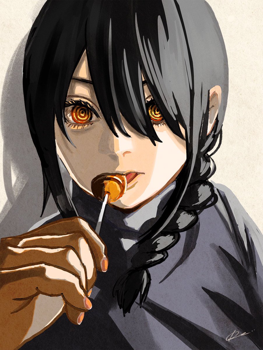 1girl food candy solo lollipop black hair braid  illustration images