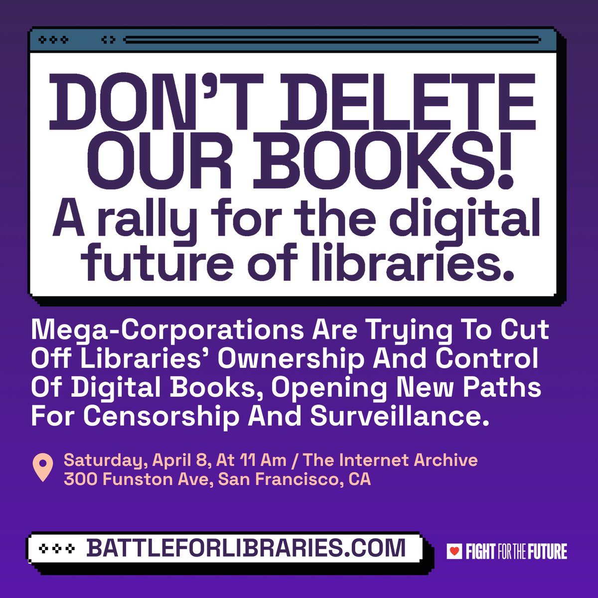 creativecommons's tweet photo. Join the rally TODAY 11am PT 8 Apr in #SanFrancisco! Big Media is suing to cut off #libraries’ ownership and control of digital books, opening new paths for #censorship &amp; #surveillance. Join @FightForTheFtr to demand #DigitalRightsForLibraries ✊🏻📚

RSVP:https://t.co/a7H6whl0MH https://t.co/egKPYsAlQ3