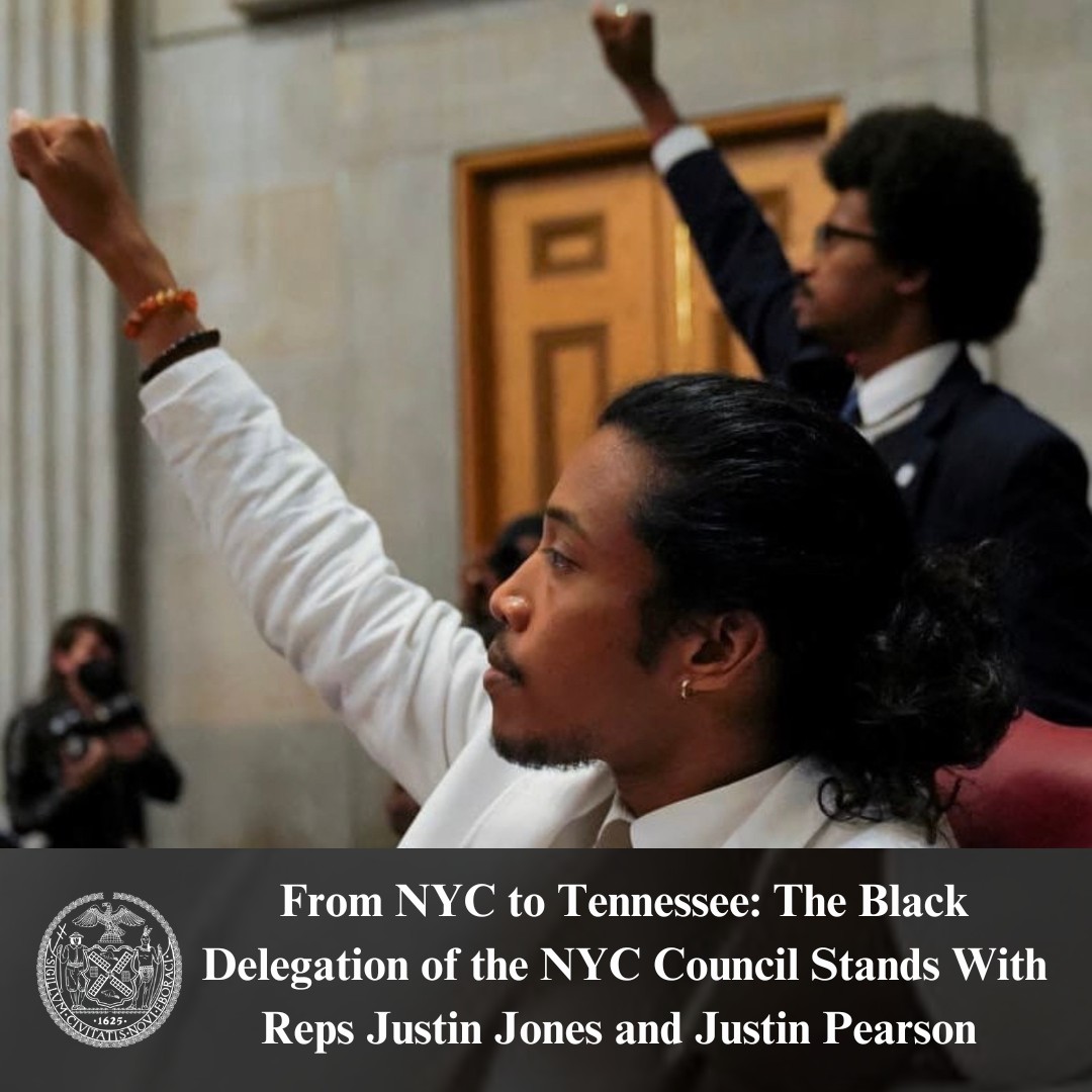 As Black members of the <a href="/NYCCouncil/">New York City Council</a>, we stand with Tennessee Reps <a href="/Justinjpearson/">Justin J. Pearson</a> and <a href="/brotherjones_/">Rep. Justin Jones</a>. We condemn the expulsion of these young Black lawmakers and this racist assault on democracy. We stand with them and millions across the country in demanding gun reform.
