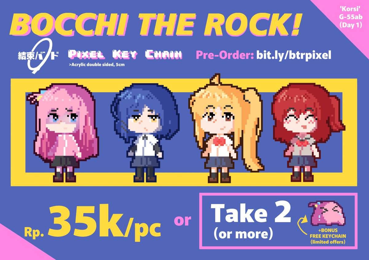 Lan_Aci's tweet image. [RTs AND LIKEs ARE APRECIATED]   

 Jualan Bocchi dan kawan-kawannya ngotak (pixel) di CF16 (bisa delivery juga) ambil 2 dapet Takobochi!   

Pre Order dibuka sampai: 15 April 2023    
Link PO: bit.ly/btrpixel 

#cf16catalogue  #bocchi_the_rock #comifuro16