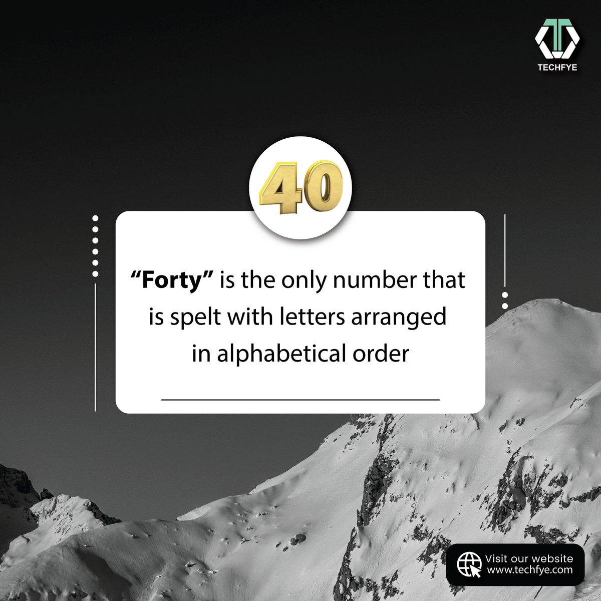 Techfyeinit's tweet image. TechFact Week

“Forty” is the only number that is spelt with letters arranged in alphabetical order.

#techfact #techfactory #techfactsmeaning #techfactsnews #techinterestingfacts #techfactcenter #funtechfact #techfactgames #techfactgroup #interestingtechfacts #newtechfacts