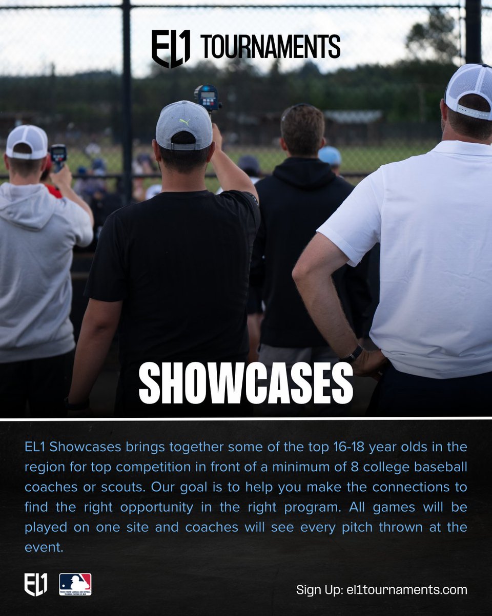 All eyes on you 👀 this summer we have 4 opportunities to be seen by top tier college baseball programs from around the country. #el1tournaments

Be sure to lock your spot in today for a special opportunity to play in one of our college showcases 👉 el1tournaments.com/college-showca…
