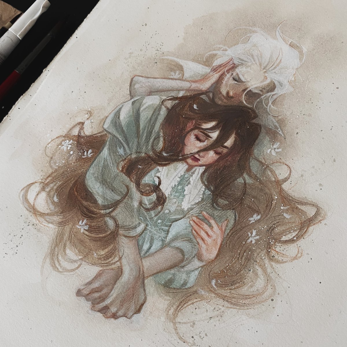 long hair traditional media white hair hug 1girl flower shirt  illustration images