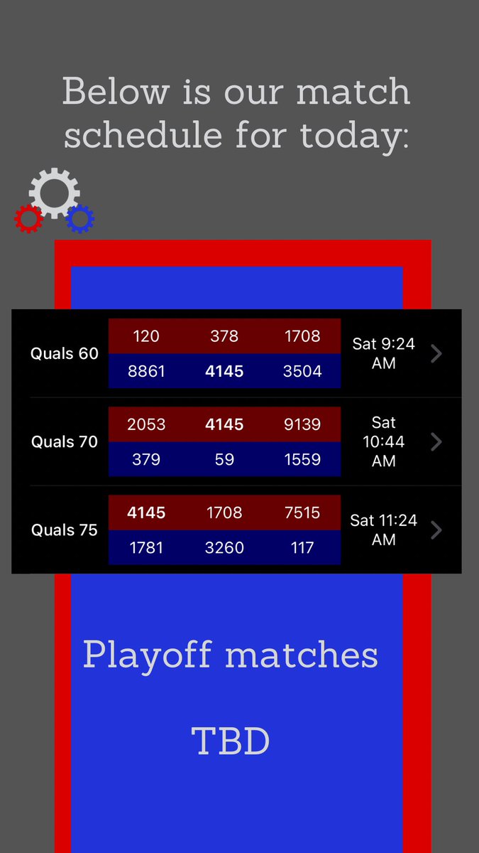 worbots4145's tweet photo. Here is our schedule for today. We’re starting the day in 2nd place with at least 3 matches this afternoon! Watch our matches at https://t.co/hqusvlyBj3 Go WorBots!
#robotsareback #greaterpittsburghfrc #makeitloud https://t.co/hB90pVtUgh