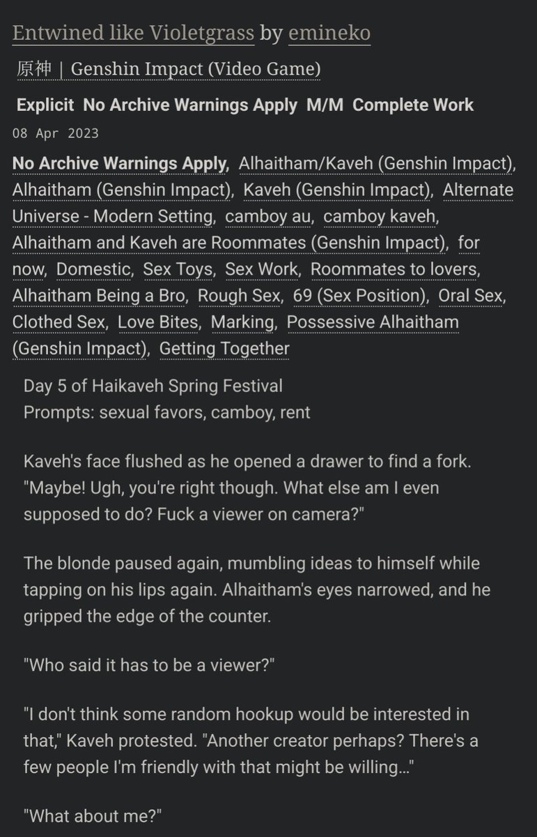 ChaoticEmineko's tweet image. This is my favorite fanfic of #HaikavehFest2023! I'm so weak for camboy AUs, and Kaveh is perfect for it
📎 below!