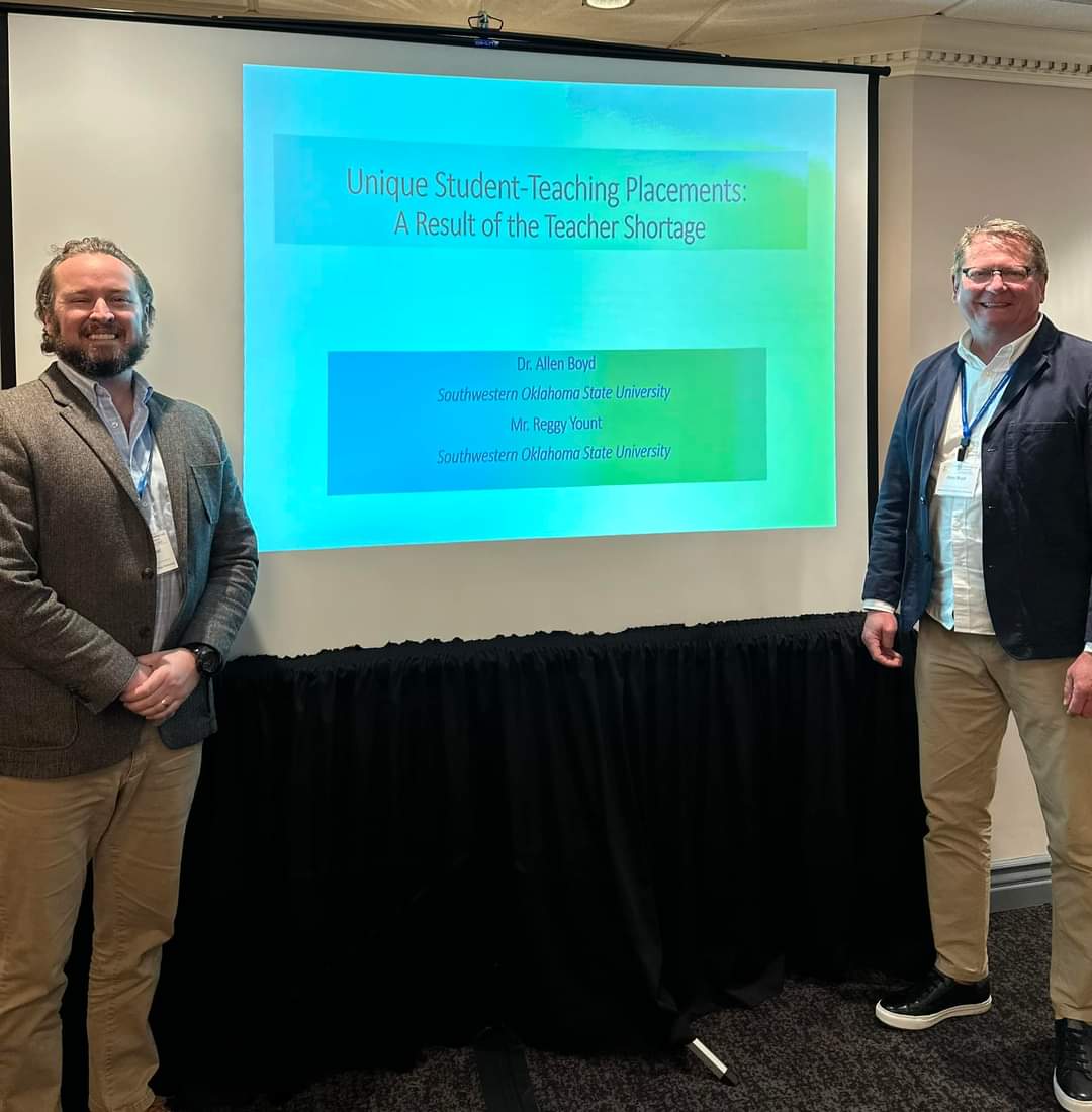 SWOSU_DOE's tweet image. SWOSU Dept. Of Education faculty being awesome! Dr. Allen Boyd and Mr. Reggy Yount presented at the National Social Science Association conference in Las Vegas this past week. “Unique Student Teaching Placements: A Result of the Teacher Shortage”
