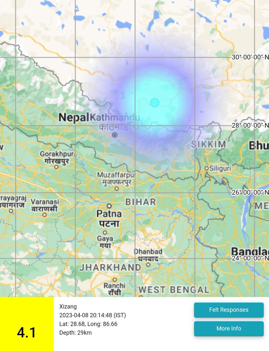 #earthquakes in Xizang( near Khatmandu) Magnitude :4.1 M 2023-04-08 20:14:48 (IST) Lat: 28.68, Long: 86.66 Depth: 29km