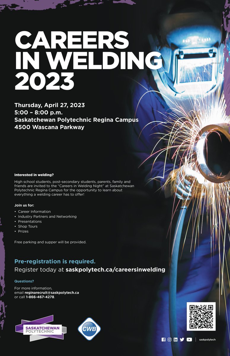 ReginaCWBA's tweet photo. The Regina CWB-A and SaskPolytechic are hosting their annual Careers In Welding April 27 @ Sask Ploy.
This event is for people interested in getting started in the welding trade and those looking to connect with local companies looking to hire. This is a free event open to all. https://t.co/9XLr7B1V45