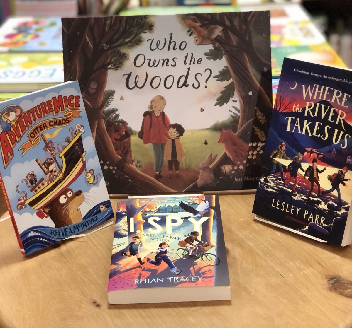 Books pictured are:  The Eyebrows of Doom, Steve Smallman & @OrdonezIllustra, @LittleTigerUK; AdventureMice: Otter Chaos, @jabberworks & @philipreeve1, @DFB_storyhouse; The Tale of Truthwater Lake, @emcarrollauthor, @FaberBooks; I, Spy, @RhianTracey, @templarbooks