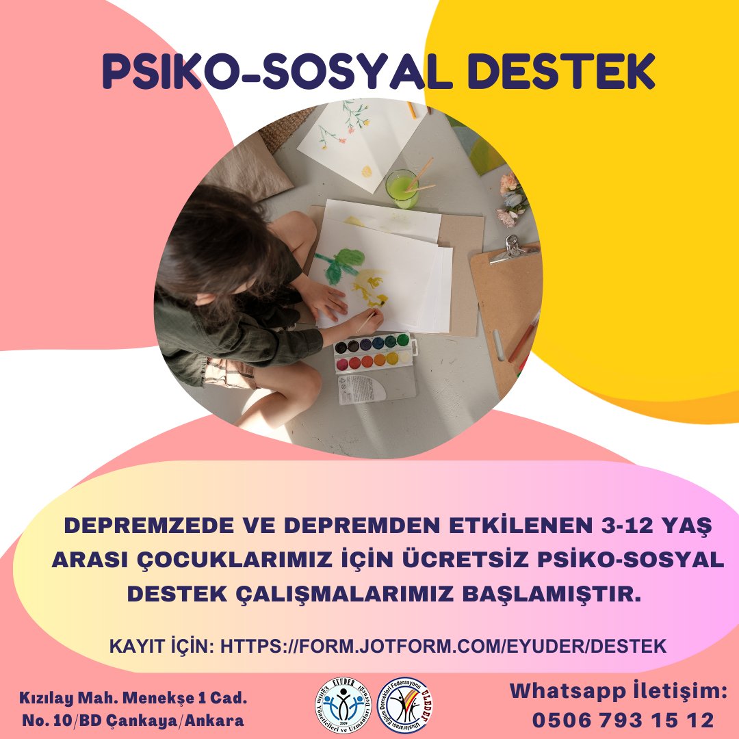 Depremden etkilenen 3-12 yaş arası çocuklarımız için ücretsiz psiko-sosyal destek çalışmalarımız başlamıştır.
Lütfen formu doldurunuz 👇
form.jotform.com/eyuder/destek