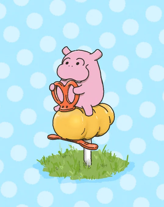 公園でエビフライに乗るカバさん#カバ #かば #イラスト #エビフライ 
