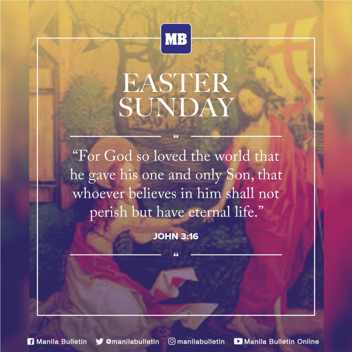 imminent_news's tweet image. 🇵🇭 HAPPY EASTER SUNDAY!

May you have a blessed day and remember the importance of God's love.

#ManilaBulletin  #philipphines #mostshared