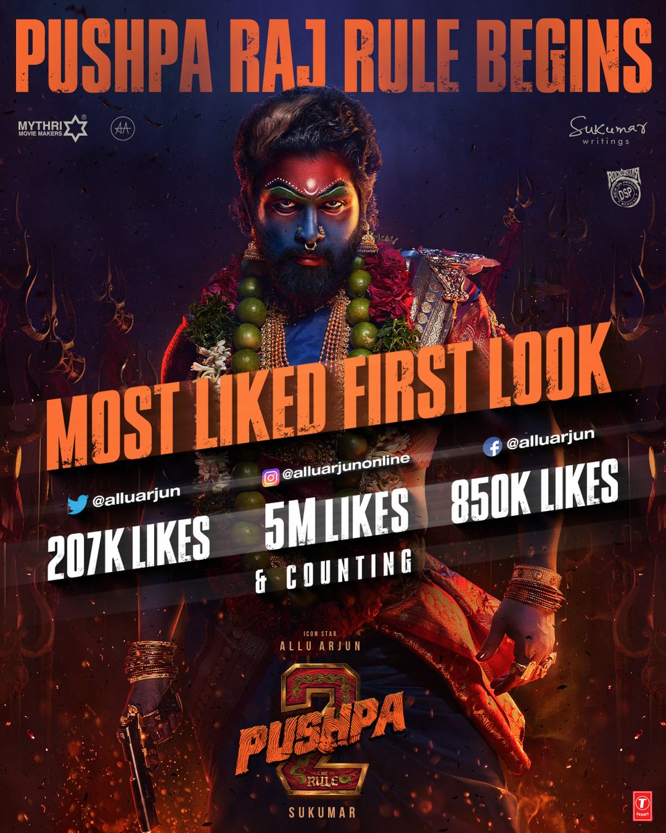 PushpaMovie's tweet photo. PUSHPA RAJ is RULING Social Media 🔥

#Pushpa2TheRule is the MOST LIKED FIRST LOOK of all time on FB, Twitter &amp; Insta💥💥

- https://t.co/RzUwrcEwMr

#HappyBirthdayAlluArjun 💥

Icon Star @alluarjun @iamRashmika @aryasukku #FahadhFaasil @ThisIsDSP @SukumarWritings @MythriOfficial https://t.co/ok9CppQn80
