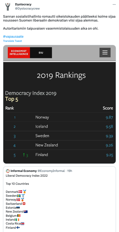 kasvismafioso's tweet image. #Dystocracy-Vellulla meni heti alkuun kaksi mittaria sekaisin: ensimmäinen on #DemocracyIndex, jota julkaisee brittiläinen Economist Intelligence Unit; toinen on #LiberalDemocracyIndex, jota julkaisee Göteborgin yliopistossa päämajaansa pitävä V-Dem Institute.

1/x